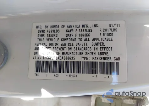 2011 Honda Accord 2.4 Se from USA, damaged, VIN 1HGCP2F6XBA088635